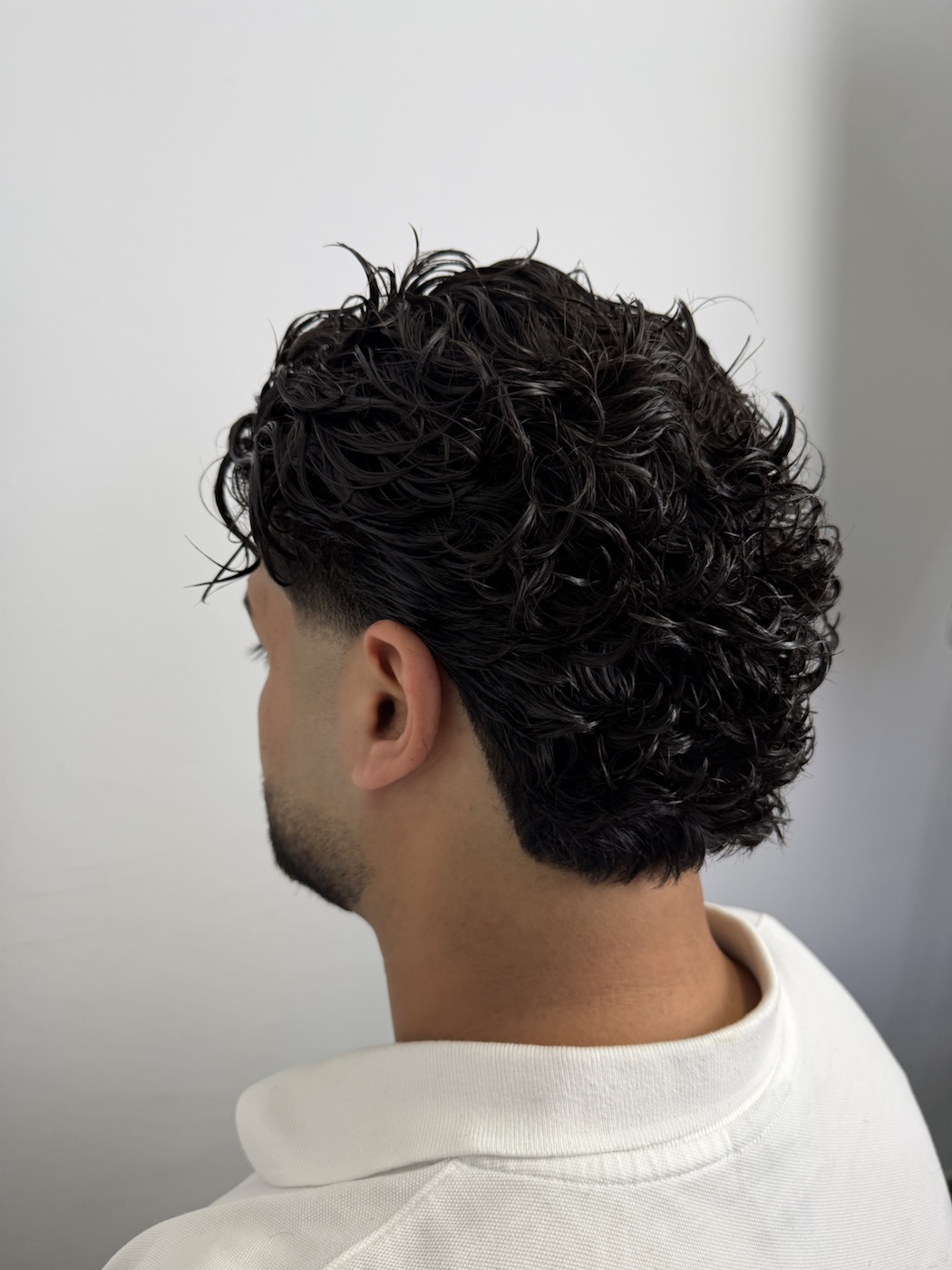 Dunkler Curly Slickback mit sauberem Übergang im Nacken